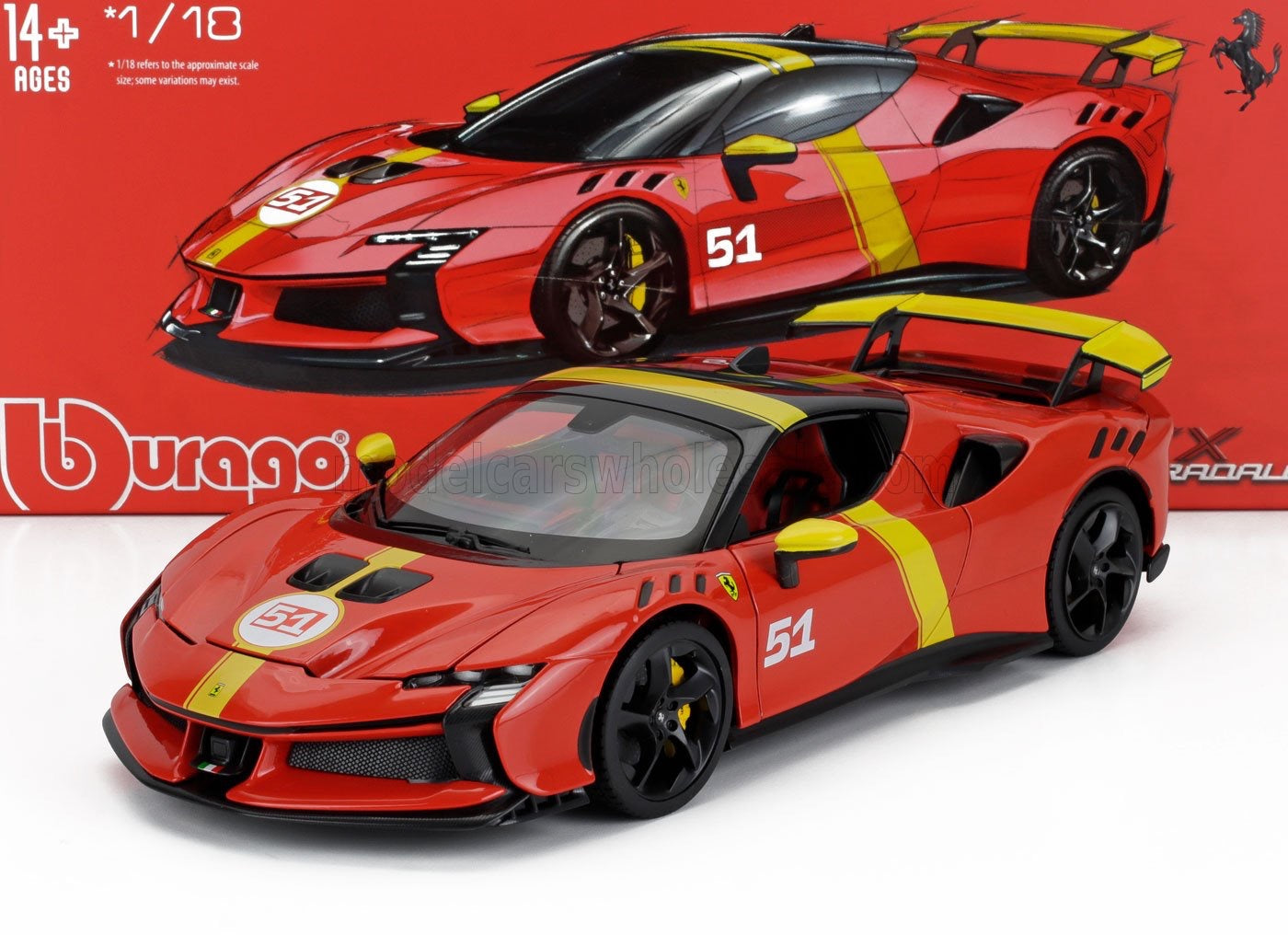 1/18 BURAGO DELUXE FERRARI - SF90 XX N 51 24h LE MANS WINNER LIVERY - EXCLUSIVE w/ Display Case!