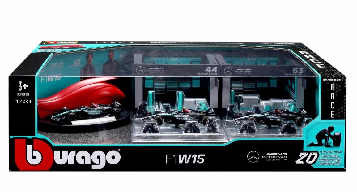 BURAGO 1/43 AMG MERCEDES - F1 W15 DIORAMA GARAGE PIT-STOP TEAM AMG PETRONAS F1 RACING 20 PCS CREW FIGURE AND ACCESSORIES SPECIAL SET!