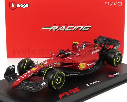 1/43 BURAGO FERRARI - F1-75 SCUDERIA FERRARI N 55 SEASON 2022 CARLOS SAINZ WITH DRIVER AND SHOWCASE