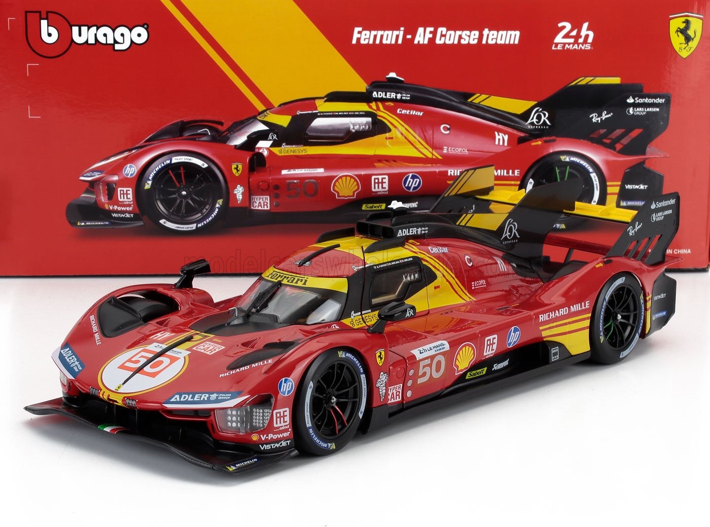1/18 Burago Die-Cast FERRARI - 499P 3.0L TURBO V6 TEAM FERRARI AF CORSE N 50 WINNER 24h LE MANS 2024 ANTONIO FUOCO - MIGUEL MOLINA - NICKLAS NIELSEN