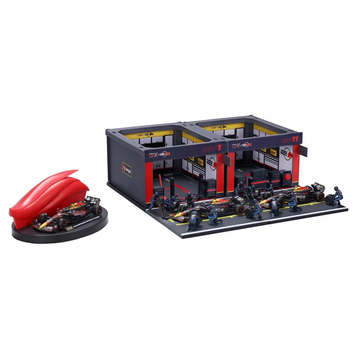 BURAGO 1/43 RED BULL - F1 RB19 DIORAMA GARAGE PIT-STOP TEAM ORACLE RED BULL RACING 20 PCS CREW FIGURE AND ACCESSORIES SPECIAL SET!