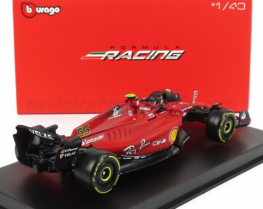 1/43 BURAGO FERRARI - F1-75 SCUDERIA FERRARI N 55 SEASON 2022 CARLOS SAINZ WITH DRIVER AND SHOWCASE