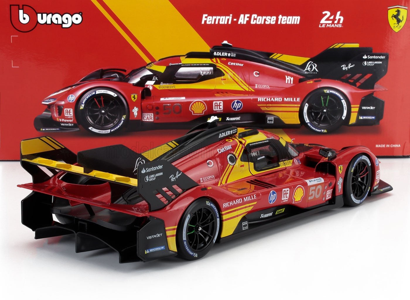 1/18 Burago Die-Cast FERRARI - 499P 3.0L TURBO V6 TEAM FERRARI AF CORSE N 50 WINNER 24h LE MANS 2024 ANTONIO FUOCO - MIGUEL MOLINA - NICKLAS NIELSEN