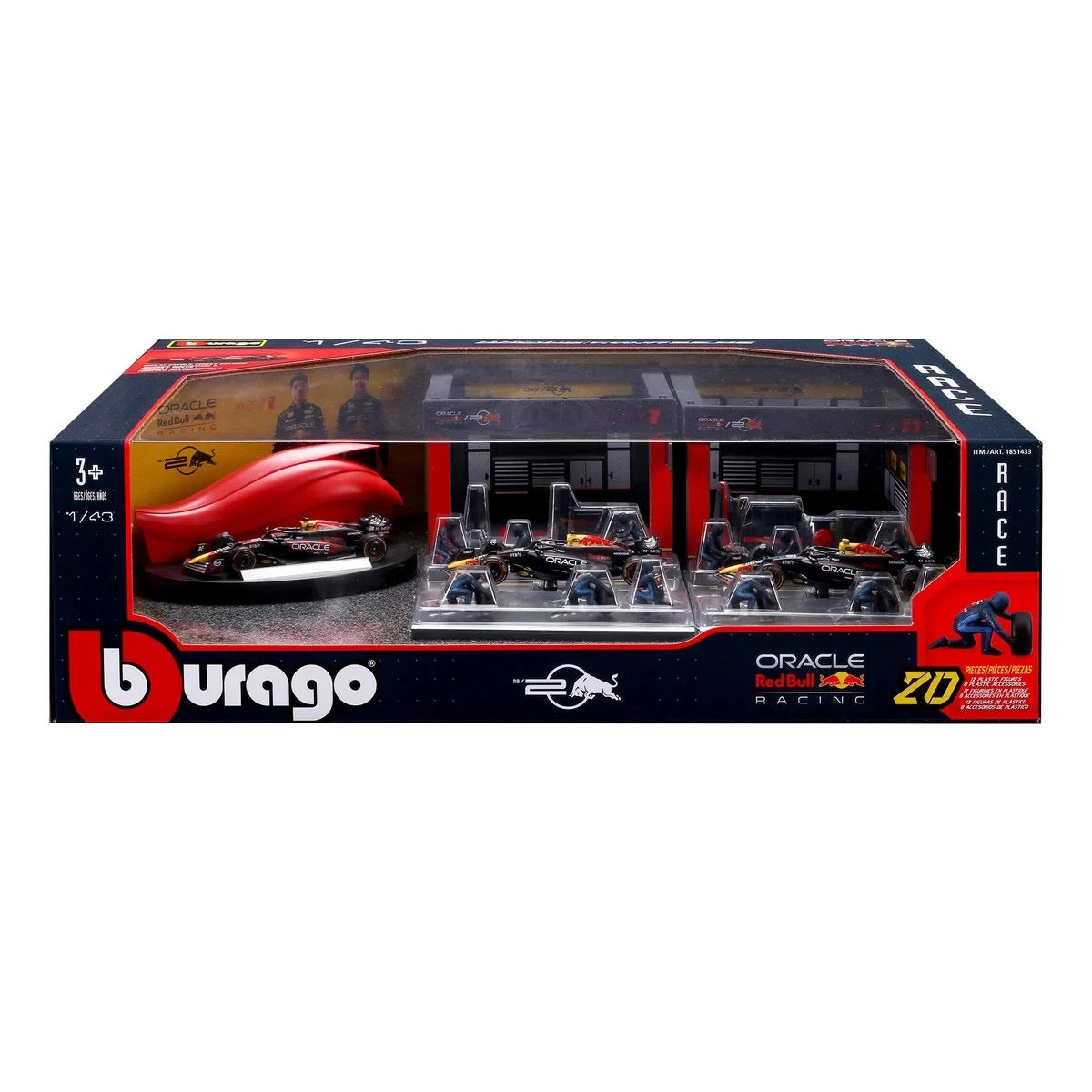 BURAGO 1/43 RED BULL - F1 RB19 DIORAMA GARAGE PIT-STOP TEAM ORACLE RED BULL RACING 20 PCS CREW FIGURE AND ACCESSORIES SPECIAL SET!