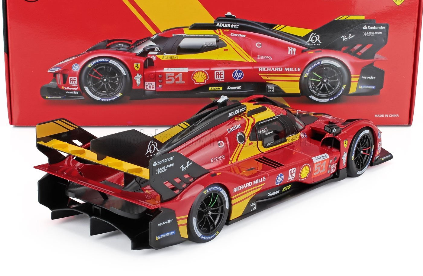 1/18 Burago Die-Cast FERRARI - 499P 3.0L TURBO V6 TEAM FERRARI AF CORSE N 51 3rd 24h LE MANS 2024 ALESSANDRO PIER GUIDI - JAMES CALADO - ANTONIO GIOVINAZZI