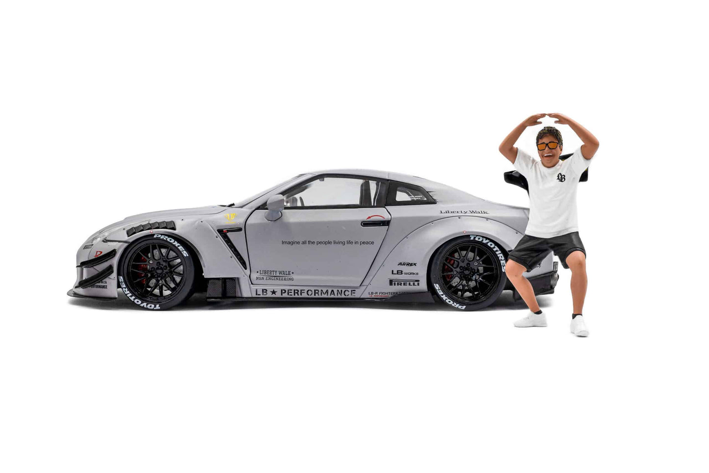 1/18 SOLIDO – Die-Cast Liberty Walk LBWK Nissan GT-R (R35) Fighter Jet Grey with Kato San Figure