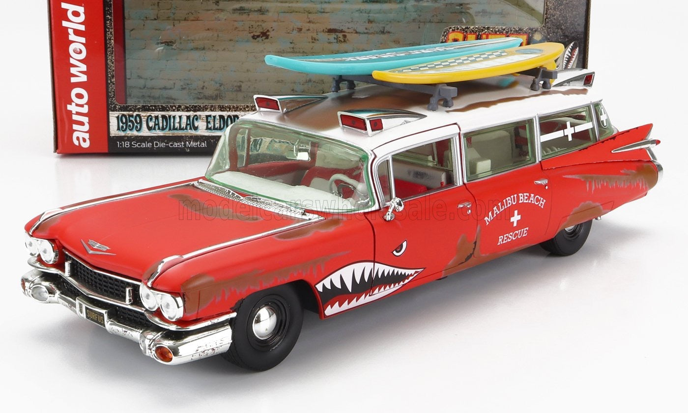 1/18 AUTOWORLD CADILLAC - ELDORADO AMBULANCE WITH SHARK GRAPHICS AN SURFBOARDS 1959 - RED WHITE LIMITED EDITION