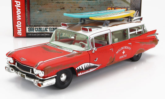 1/18 AUTOWORLD CADILLAC - ELDORADO AMBULANCE WITH SHARK GRAPHICS AN SURFBOARDS 1959 - RED WHITE LIMITED EDITION