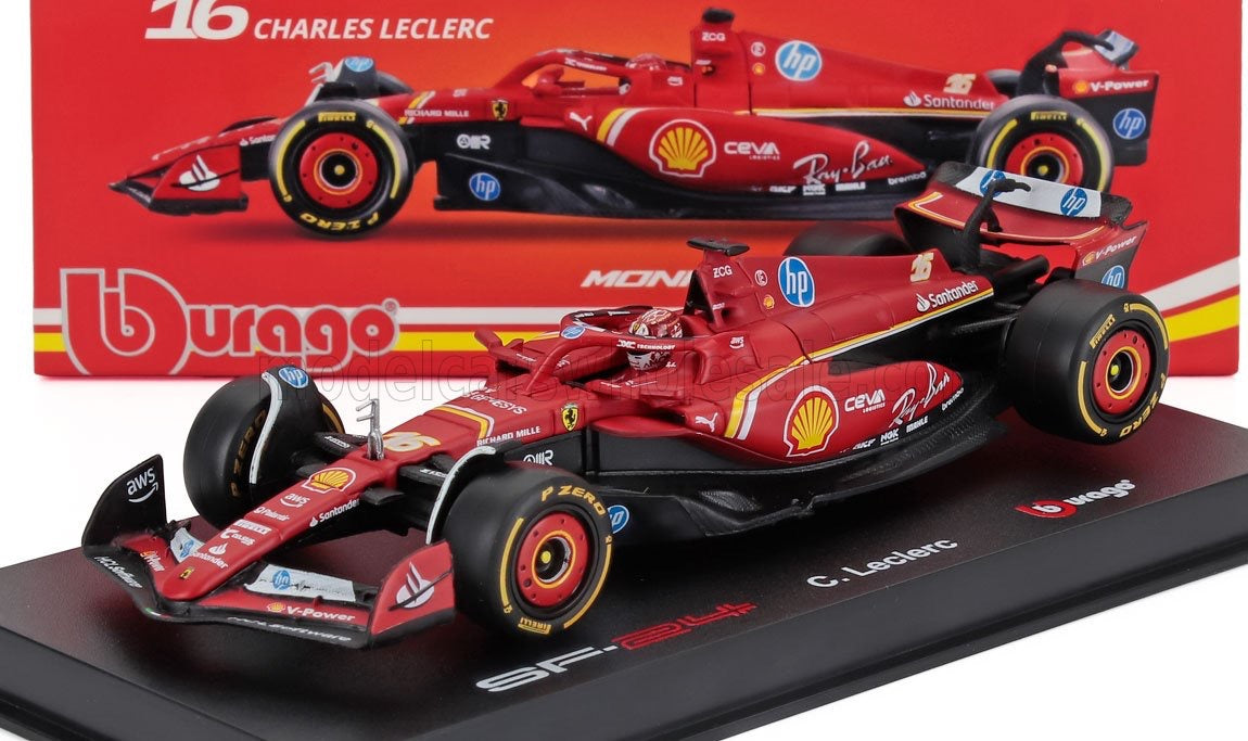 Burago 1/43 SIGNATURE FERRARI - F1 SF-24 TEAM SCUDERIA FERRARI N 16 WINNER MONACO GP 2024 CHARLES LECLERC - WITH PILOT AND SHOWCASE