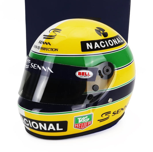 1/2 MINI HELMET BELL HELMET - CASCO HELMET F1 AYRTON SENNA TEAM ROTHMANS RENAULT - 30 YEARS TRIBUTE IMOLA ITALY GP 1994-2024 - YELLOW SILVER GREEN