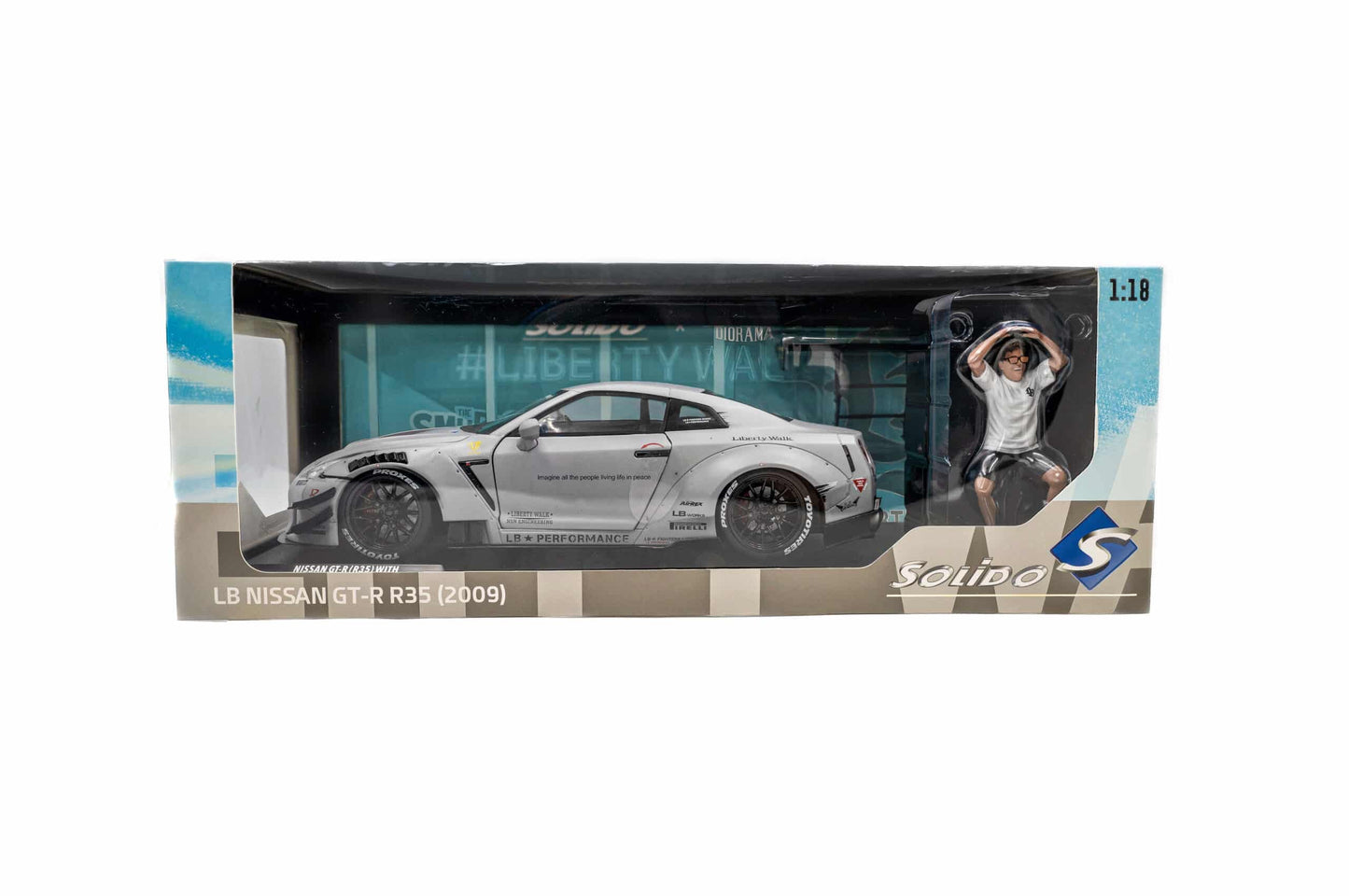 1/18 SOLIDO – Die-Cast Liberty Walk LBWK Nissan GT-R (R35) Fighter Jet Grey with Kato San Figure