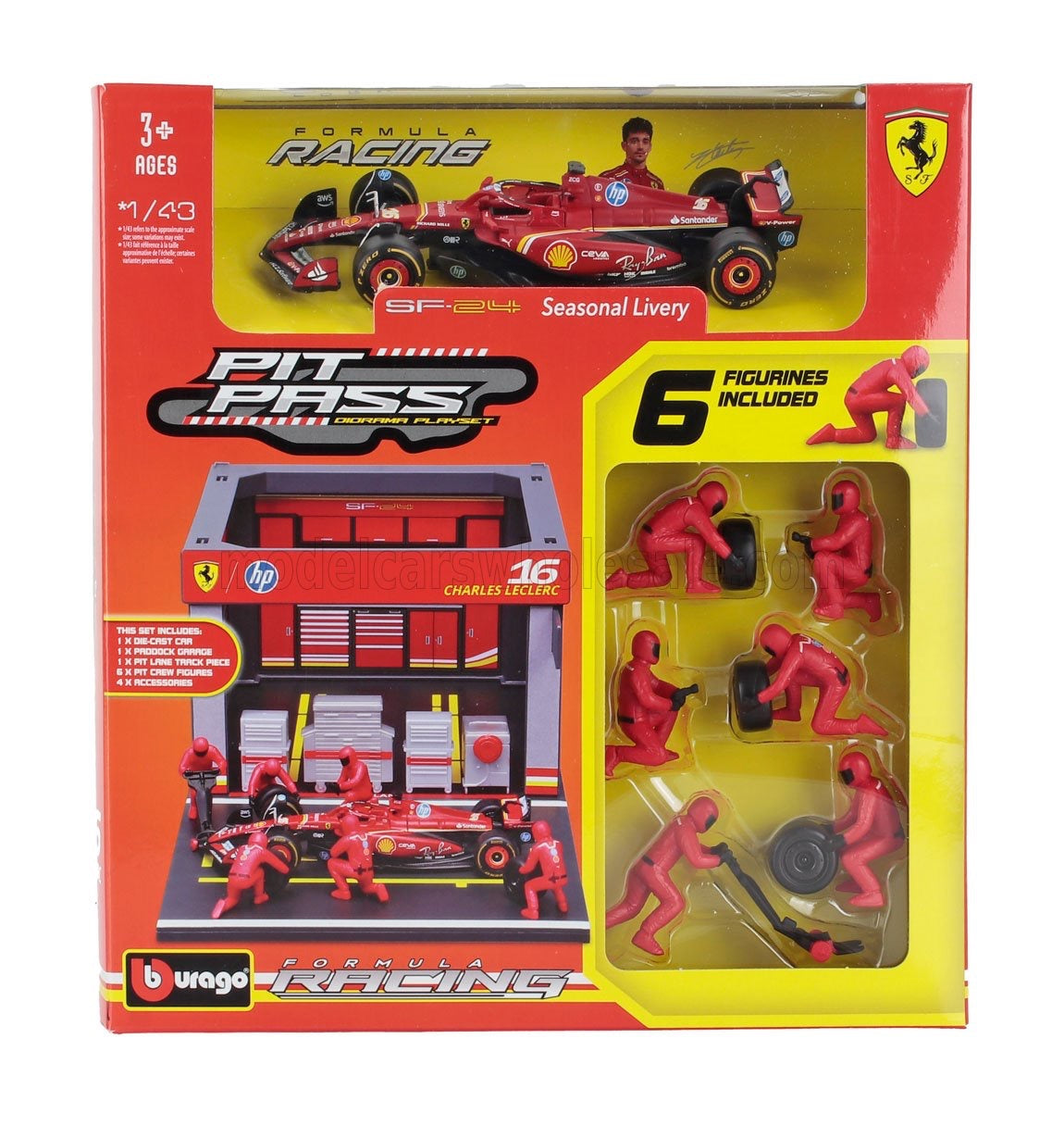 BURAGO - 1/43 - FERRARI - F1 SF-24 DIORAMA GARAGE PIT-STOP TEAM SCUDERIA FERRARI N 16 SEASON 2024 CHARLES LECLERC WITH CREW FIGURE AND ACCESSORIES