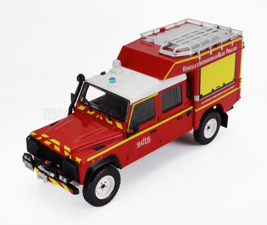 HACHETTE - 1/43 - LAND ROVER - DEFENDER 130 PICK-UP CLOSED SDIS VEHICULE D'INTERVENTION EN MILEU PERILLEUX DE LA LOIRE FIRE ENGINE 1986 - RED YELLOW SILVER