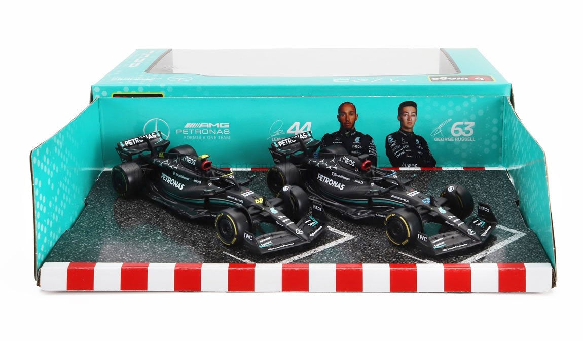 1/43 BURAGO MERCEDES GP - SET F1 2X W14 TEAM MERCEDES-AMG PETRONAS FORMULA ONE N 44 SEASON 2023 LEWIS HAMILTON + N 63 SEASON 2023 GEORGE RUSSELL