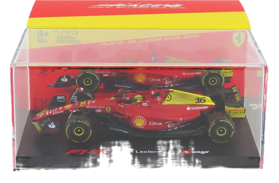 1/43 BURAGO FERRARI - F1-75 SCUDERIA FERRARI N 16 2nd MONZA GP 2022 CHARLES LECLERC WITH DRIVER AND SHOWCASE (Copy)
