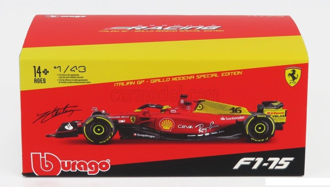 1/43 BURAGO FERRARI - F1-75 SCUDERIA FERRARI N 16 2nd MONZA GP 2022 CHARLES LECLERC WITH DRIVER AND SHOWCASE (Copy)